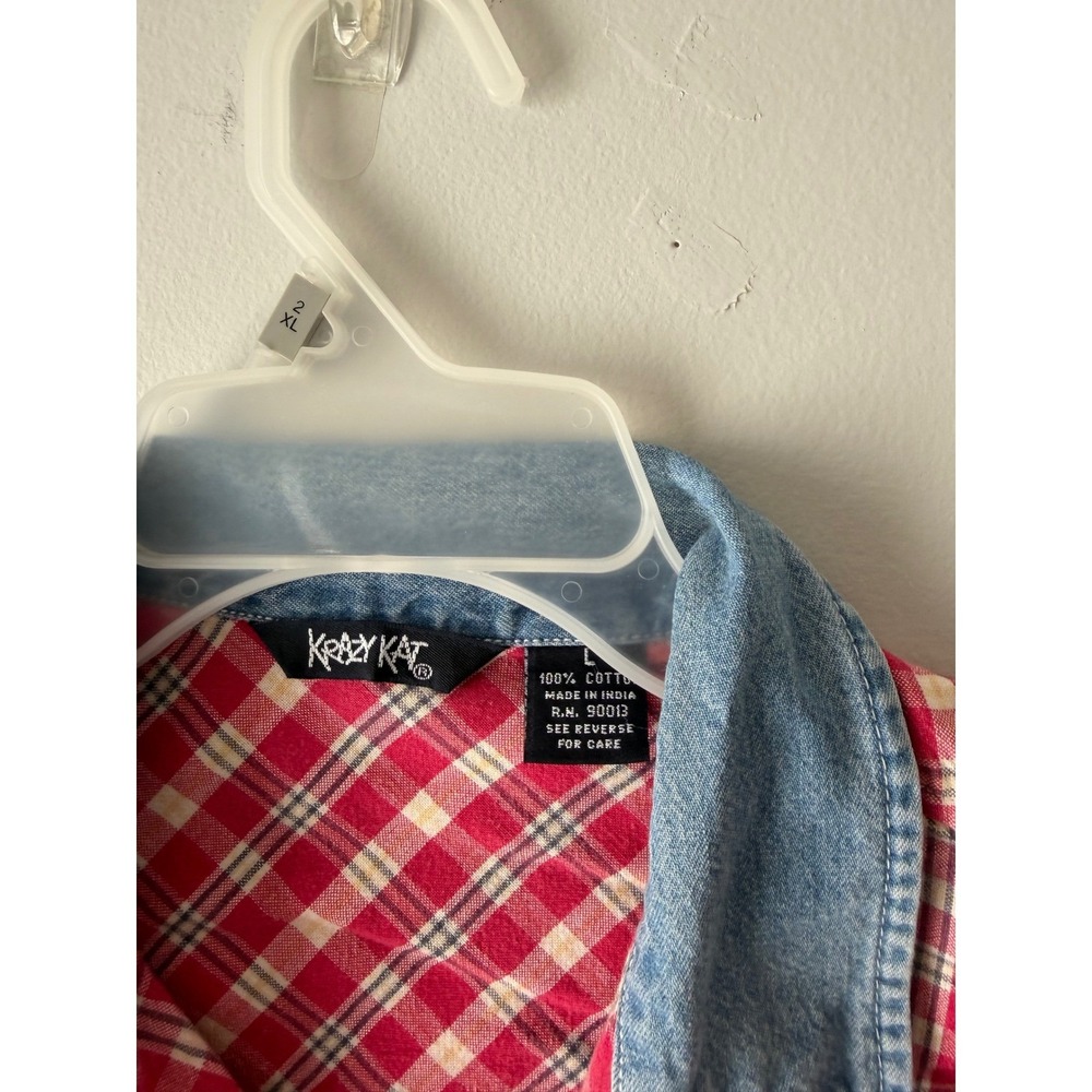 Krazy Kat Vintage Plaid Embroidered Floral Button Up Shirt Denim Collar Red L - Picture 5 of 8